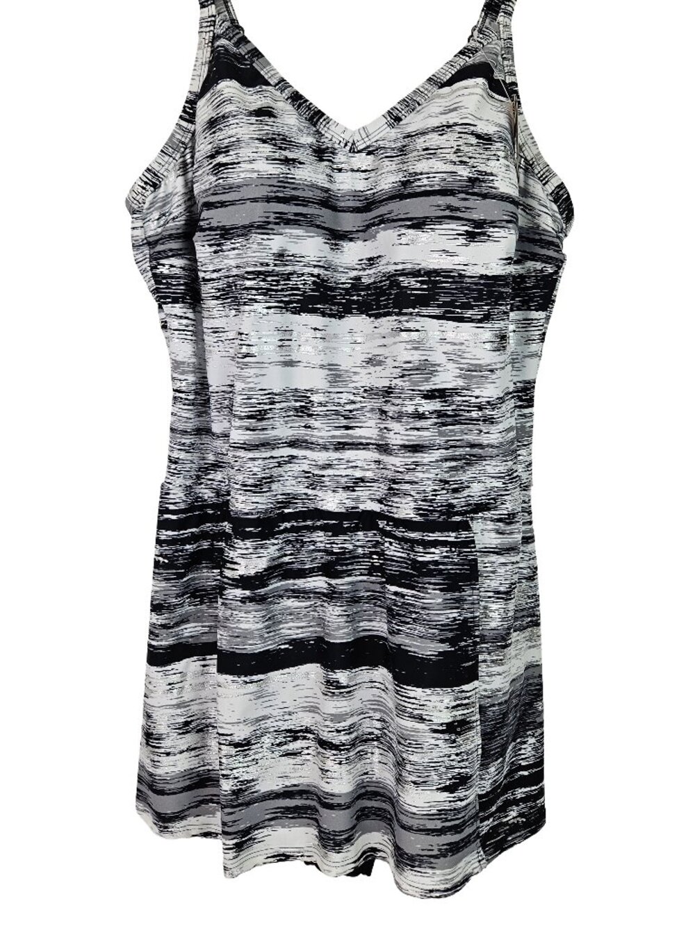 NWT Cacique Swim Black White Metallic Silver Space Dye No Wire Swim Dress 22